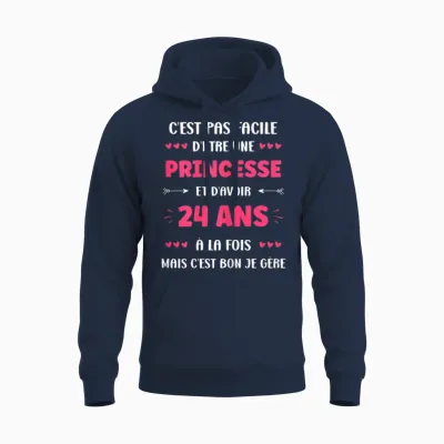 Funny 24 Years Funny Princess Birthday Girl 24 Years T-Shirt, Black, Female X-Small Unisex Hoodie - Navy