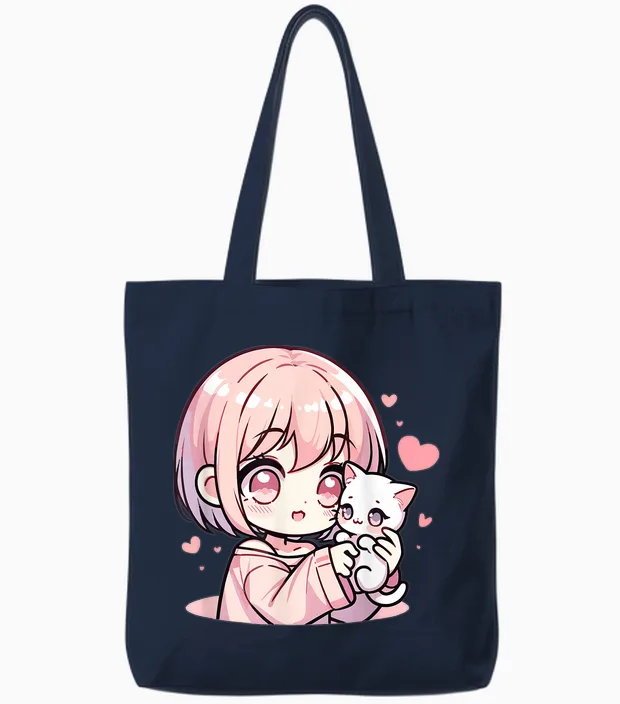 Anime Girl with Cat | Manga for Girls & Kawaii Cute Kitten T-Shirt, Black Tote Bags in Navy