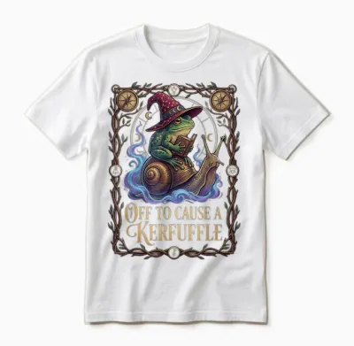 Off to Cause a Kerfuffle Witchy Frog Wizard Snail Meme Humor Unisex T-Shirt - White