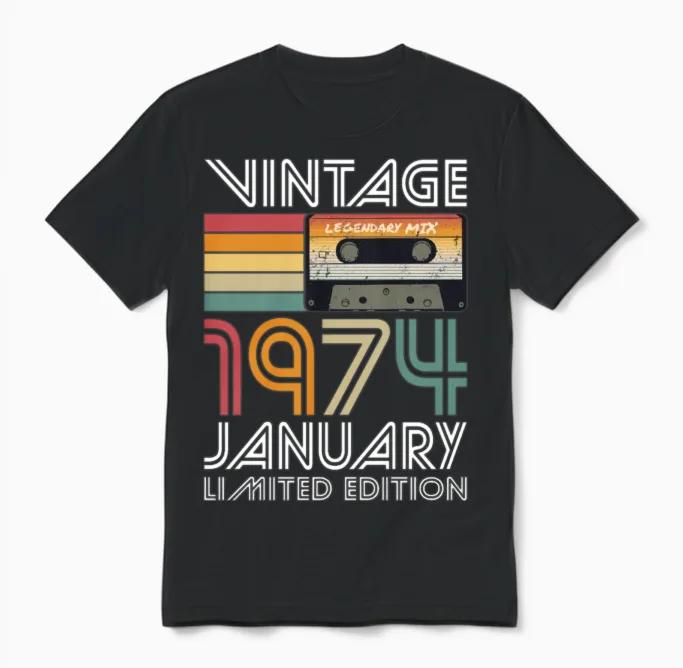 50th Birthday Vintage January 1974 Limited Edition Unisex T-Shirt in Black