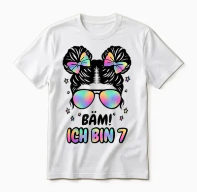 7. Geburtstag Mädchen Messy Bun Bäm! Ich Bin Sieben Unisex T-Shirt - White