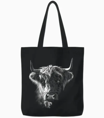 @n!mal Highland Cow Art Gesicht Tier Portrait Grafik Highland Cow T-Shirt Für Tierliebhaber, Familien, Kinder - Unisex - Schwarz - S Tote Bags - Black