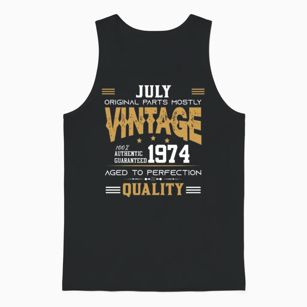 Vintage Aged to Perfection Juli 1974 Unisex Tank Top in Black