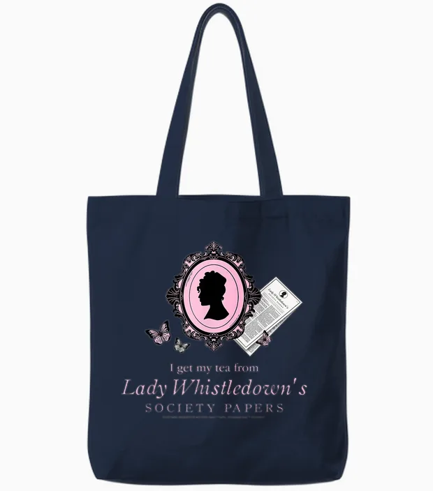 Bridgerton I Get My Tea from Lady Whistledown Tote Bags in Navy