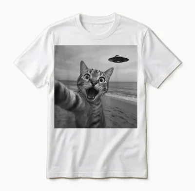 Drôle Surpris Chat Effrayant Selfie Extraterrestre Ovni Extraterrestre Unisex T-Shirt - White