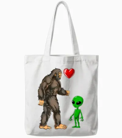Cute Bigfoot Alien Love Sasquatch Heart Valentine Tote Bags - White