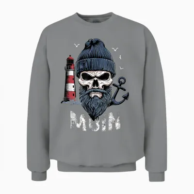 Moin Skull Lighthouse Moin North German Coastal Motif T-Shirt, Black, S Unisex Sweatshirt - Sport Grey