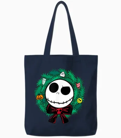 Amazon Essentials Men's Nightmare Before Christmas Jack Festive Holiday Wreath T-Shirt, Blue, Small Tote Bags - Navy