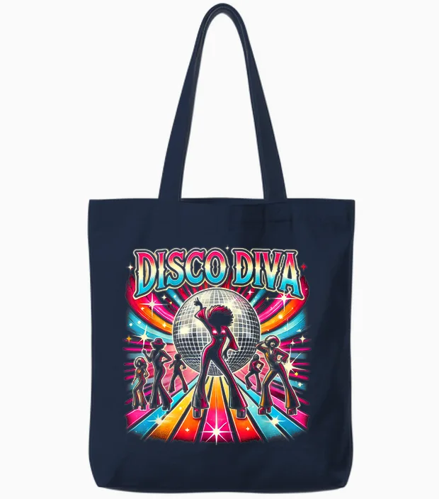Ball Disco Diva Queen, 70s Retro Vintage Dancing T-Shirt, Black, S Tote Bags in Navy