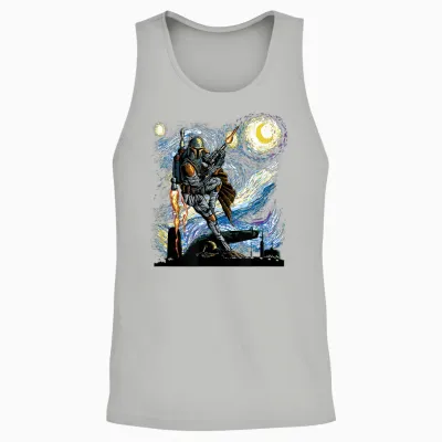 Star Wars Classic Boba Fett Van Gogh's Starry Night Painting Unisex Tank Top - Ash