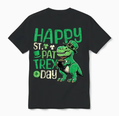 Happy St Pat T-Rex Day Dinosaur St Patricks Day Boys Unisex T-Shirt - Black