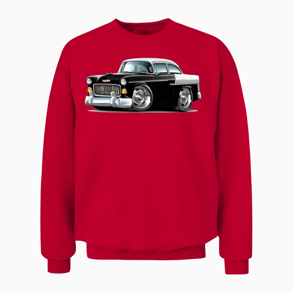 1955 Chevy Belair Black Car - Cars & Muscle Unisex Sweatshirt in Red