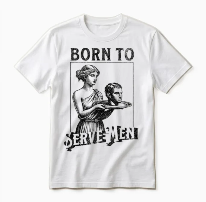 Women Are Born to Serve Men Funny Retro Girls T-Shirt, White Unisex T-Shirt in White