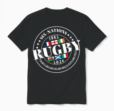 Six Nations Rugby 6 Nation's Rugbyman Supporter Fan Unisex T-Shirt - Black