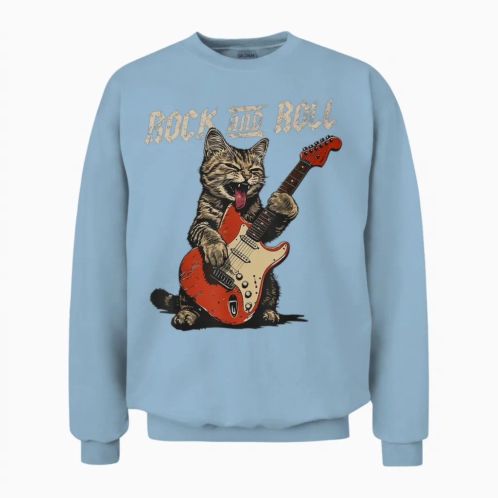 Rock and Roll Guitar Cat Vintage Rock Guitarist Cat Unisex Sweatshirt in Light Blue