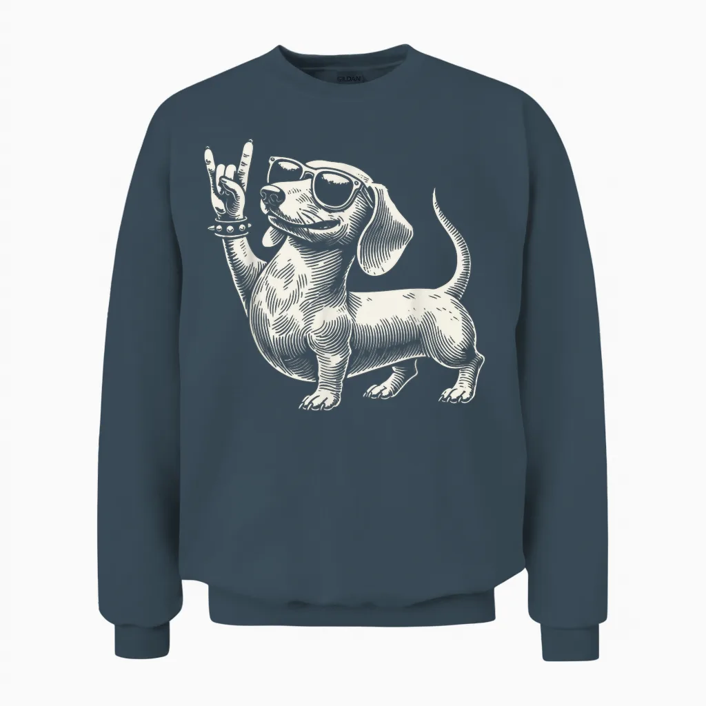 Rock Music Funny Heavy Metal Dachshund Festival T-Shirt, Black Unisex Sweatshirt in Dark Heather