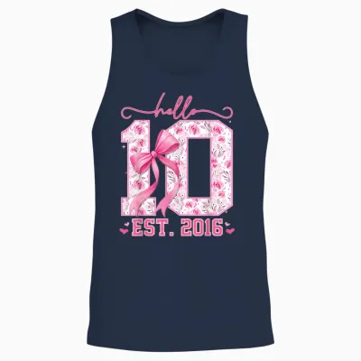 Hello Ten Est 2016 Pink Coquette Bow 10th Birthday Girls Unisex Tank Top - Navy
