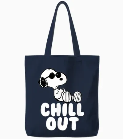 Peanuts Classic Fit Crew Neck T-Shirt - Chill Out Snoopy Graphic in Blue Tote Bags - Navy