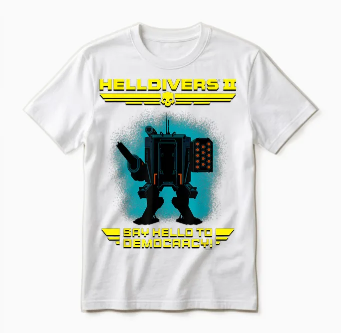Helldivers 2 Sony Playstation Video Game Say Hello Democracy T-Shirt, Blue, S Unisex T-Shirt in White