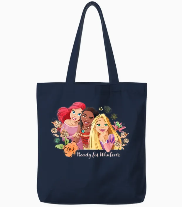 Disney Princess Ariel, Vaiana, Rapunzel Ready for Whatever T-Shirt, Gray Tote Bags in Navy