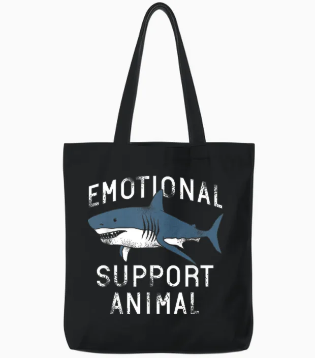 Emotional Support Animal Funny Scary Shark Pun Humor Shark Tote Bags in Black