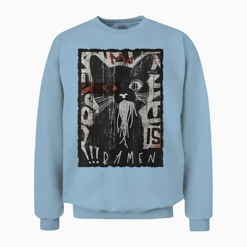 Cat Ramen Noodle Japanese Anime Manga Ramen Kawaii Cat T-Shirt, Black Unisex Sweatshirt in Light Blue
