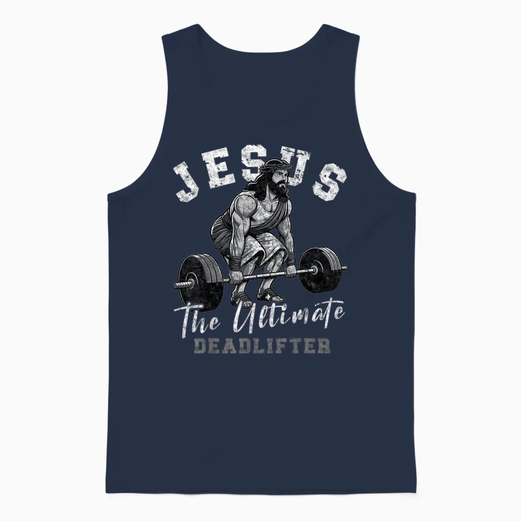 Jesus the Ultimate Deadlifter Funny Christian Workout Gym T-Shirt, Small, Black Unisex Tank Top in Navy