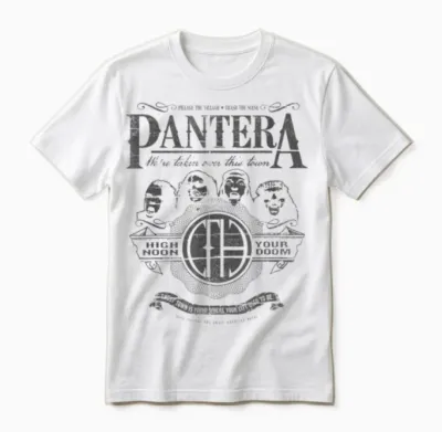 Pantera Official High Noon T-Shirt - Men's Unisex Adults Black Classic Fit Short Sleeve Crew Neck T-Shirt - Small Unisex T-Shirt - White