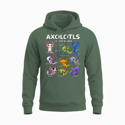 Axolotl Shirt Kawaii Axolotls of the World Axolotl Animals Unisex Hoodie - Military Green