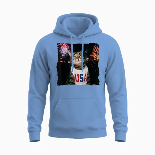 Patriotic Smoking Cat Lovers Unisex Hoodie in Carolina Blue