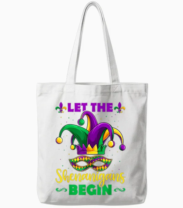 Let the Shenanigans Begin Mardi Gras Children Men Women Tote Bags in White