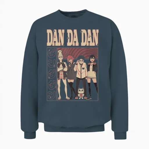 Dan Da Dan Cast of Characters with Kanji Anime Unisex Sweatshirt in Dark Heather