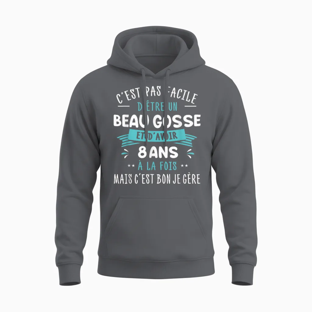 Beau Gosse Funny Gift Idea for Children 8 Years Birthday Party T-Shirt, Black, S Unisex Hoodie in Charcoal