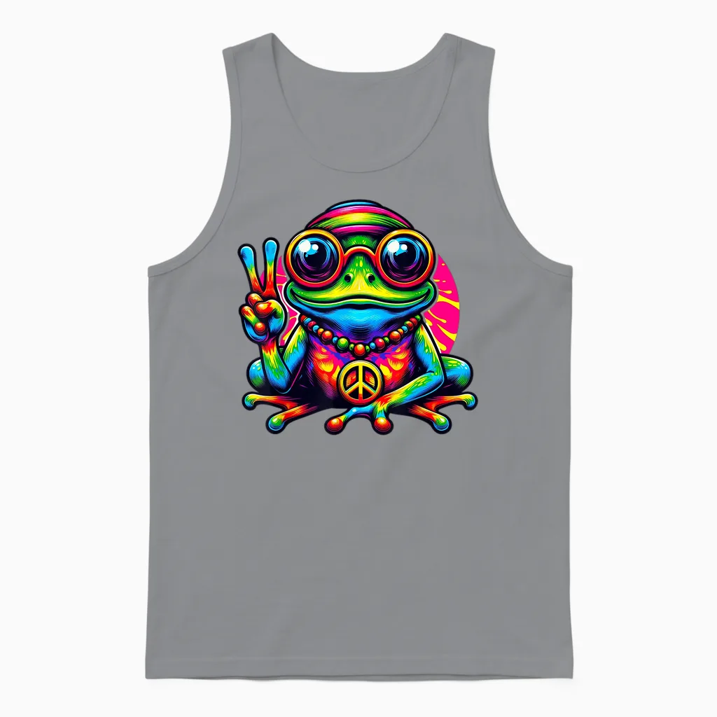 Batik-Hippie-Frog Peace Sign 70s 60s Party T-Shirt, Black, S Unisex Tank Top in Sport Grey