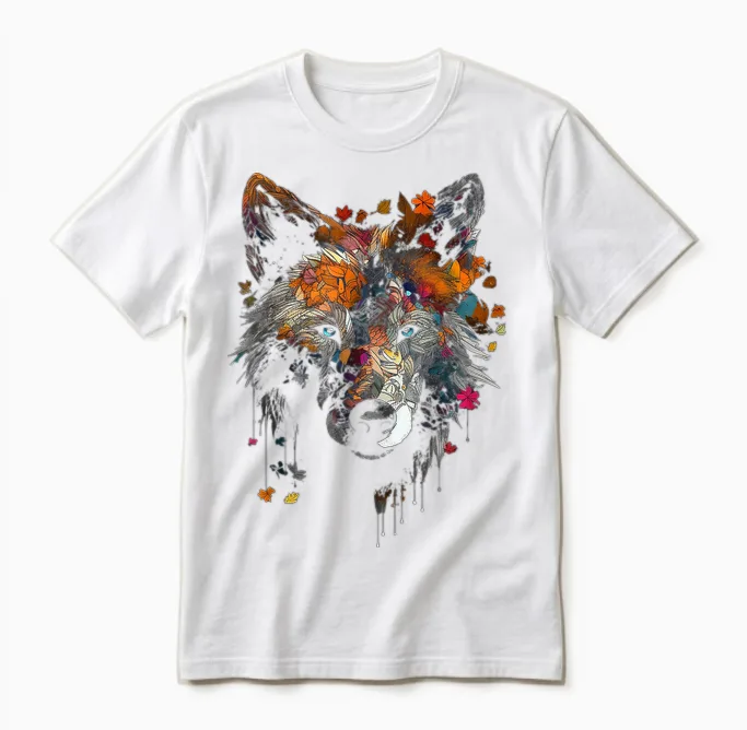 Wolf Herbst Blätter - Blaue Augen - Tier Kunst Motiv Wolf Unisex T-Shirt in White