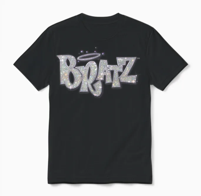 Bratz Silver Glitter Logo Purple Lining Angel Halo Sparkles Unisex T-Shirt in Black