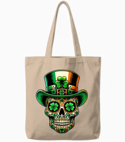 Ireland Sugar Skull Clover Irish St Patricks Day Costume T-Shirt, Black Tote Bags - Natural