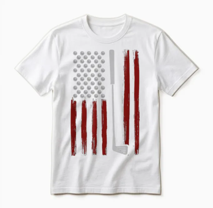 Retro American Flag Golf Golfer Funny Golf Club Golfing Unisex T-Shirt in White