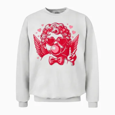 Retro Cupid Valentine's Day Cute Vintage Cupid Blowing Bubble Unisex Sweatshirt - White