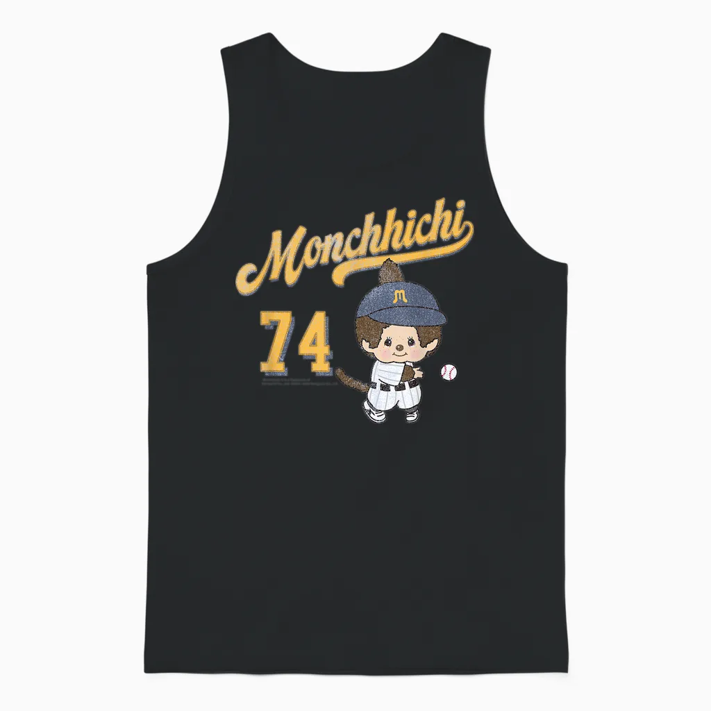 Monchhichi Little Baseball Player #74 Distressed Logo Unisex Tank Top in Black