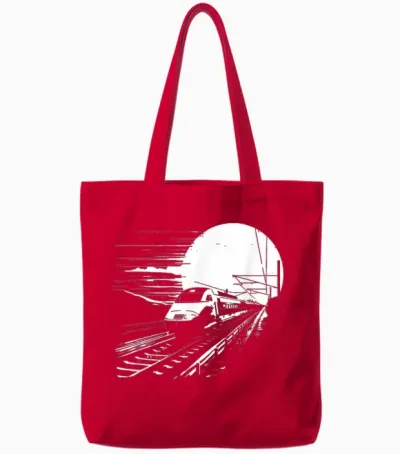 Railroad Graphic Train Lover Steam Locomotive Tote Bags - Red