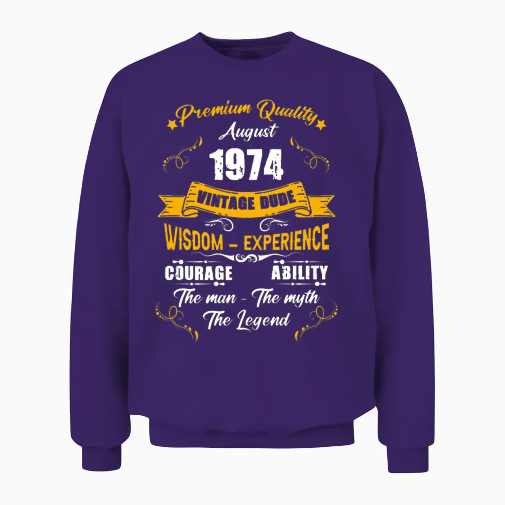 August 1974 Vintage Birthday Present Unisex Sweatshirt in Purple