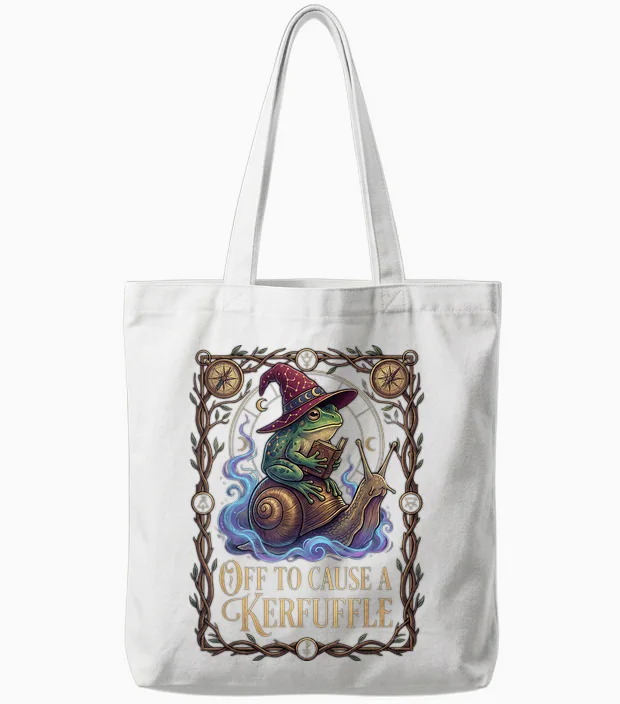 Off to Cause a Kerfuffle Witchy Frog Wizard Snail Meme Humor Tote Bags in White
