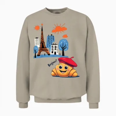 Paris France Crescent with Beret Hello in French Tower Unisex Sweatshirt - Sand