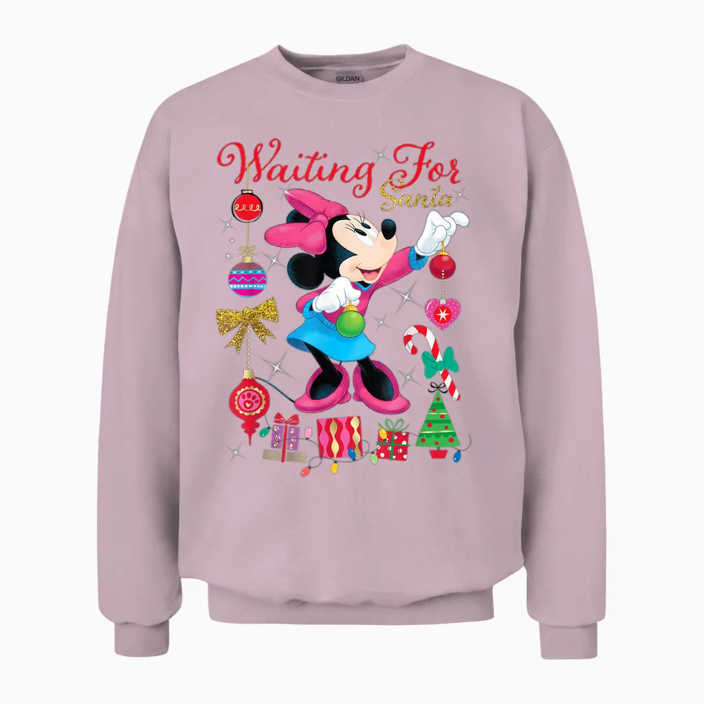 Disney Minnie Mouse Christmas Waiting for Santa Holiday Unisex Sweatshirt in Light Pink