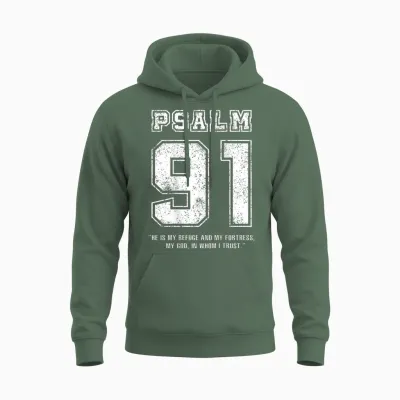 Psalm 91 Jersey Look Bible Verse (back Print Only) Christian T-Shirt, Black Unisex Hoodie - Military Green