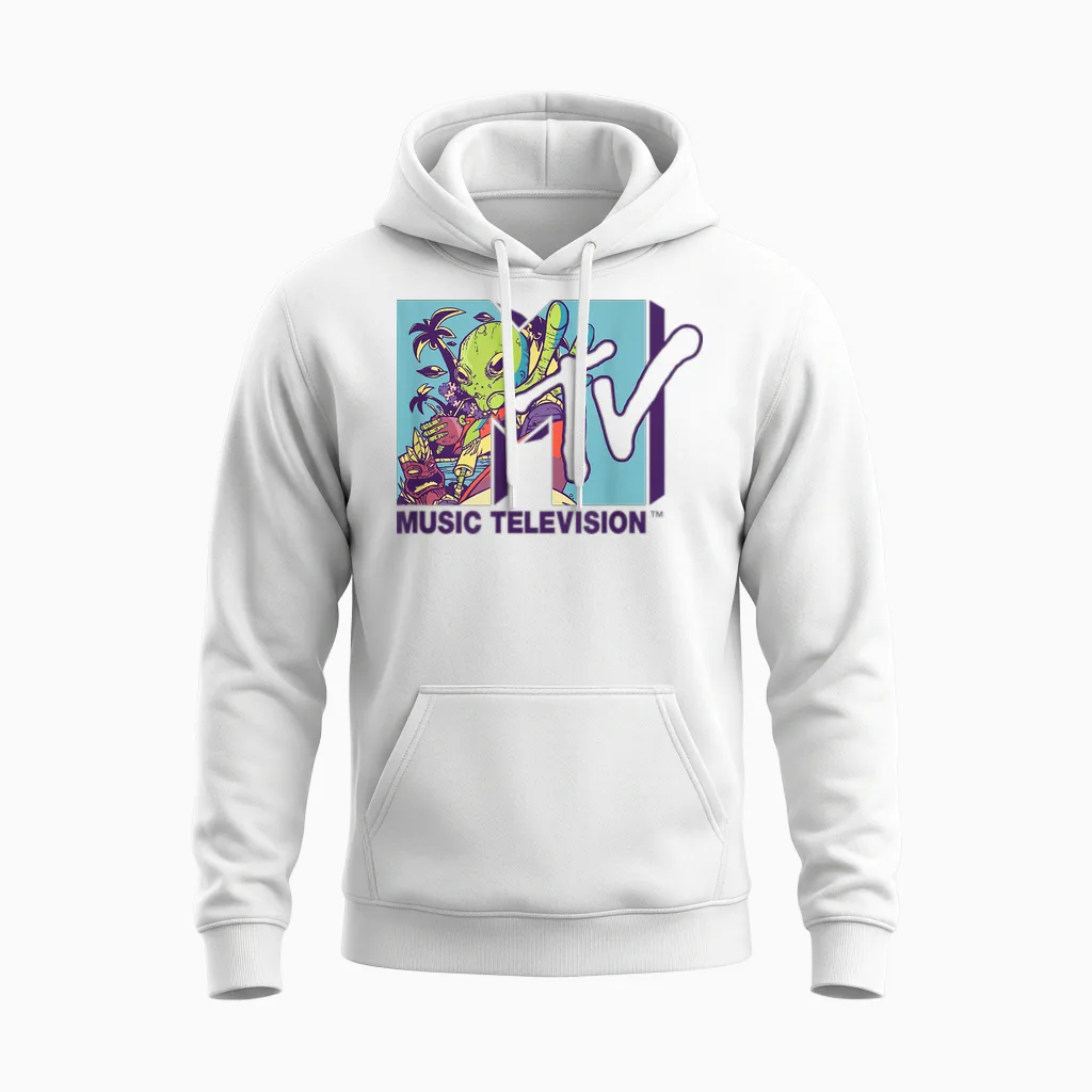 Mademark X Mtv - the Official Mtv Logo with an Alien Drinking Milk of Coconut Unisex Hoodie in White
