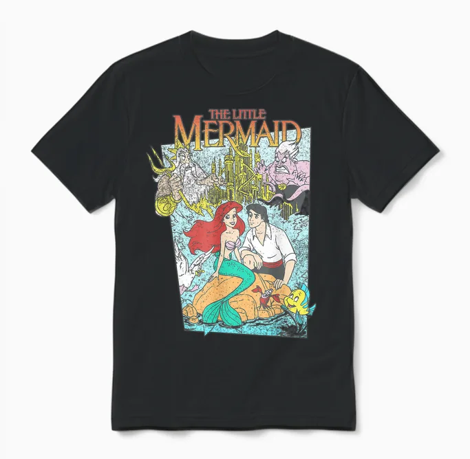Disney the Little Mermaid Movie Cover T-Shirt, Grey, S Unisex T-Shirt in Black