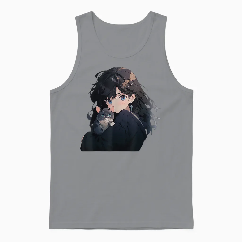 Anime Und Katzen Manga Mädchen Mit Einer Katze Anime Liebhaber Unisex Tank Top in Sport Grey