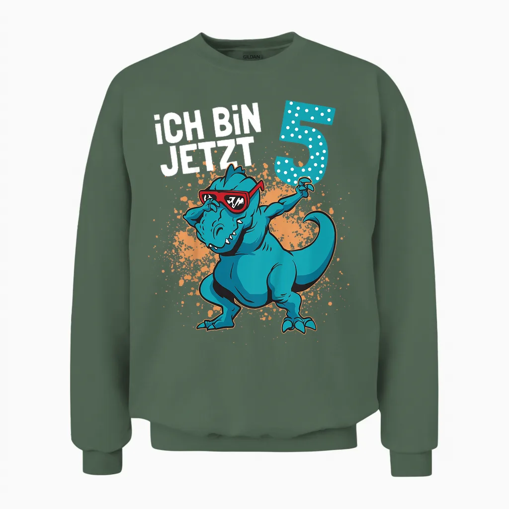 Children's Birthday Shirt 5 Years Boy Dinosaur | Dino Ich Bin 5 T-Shirt, Black Unisex Sweatshirt in Military Green